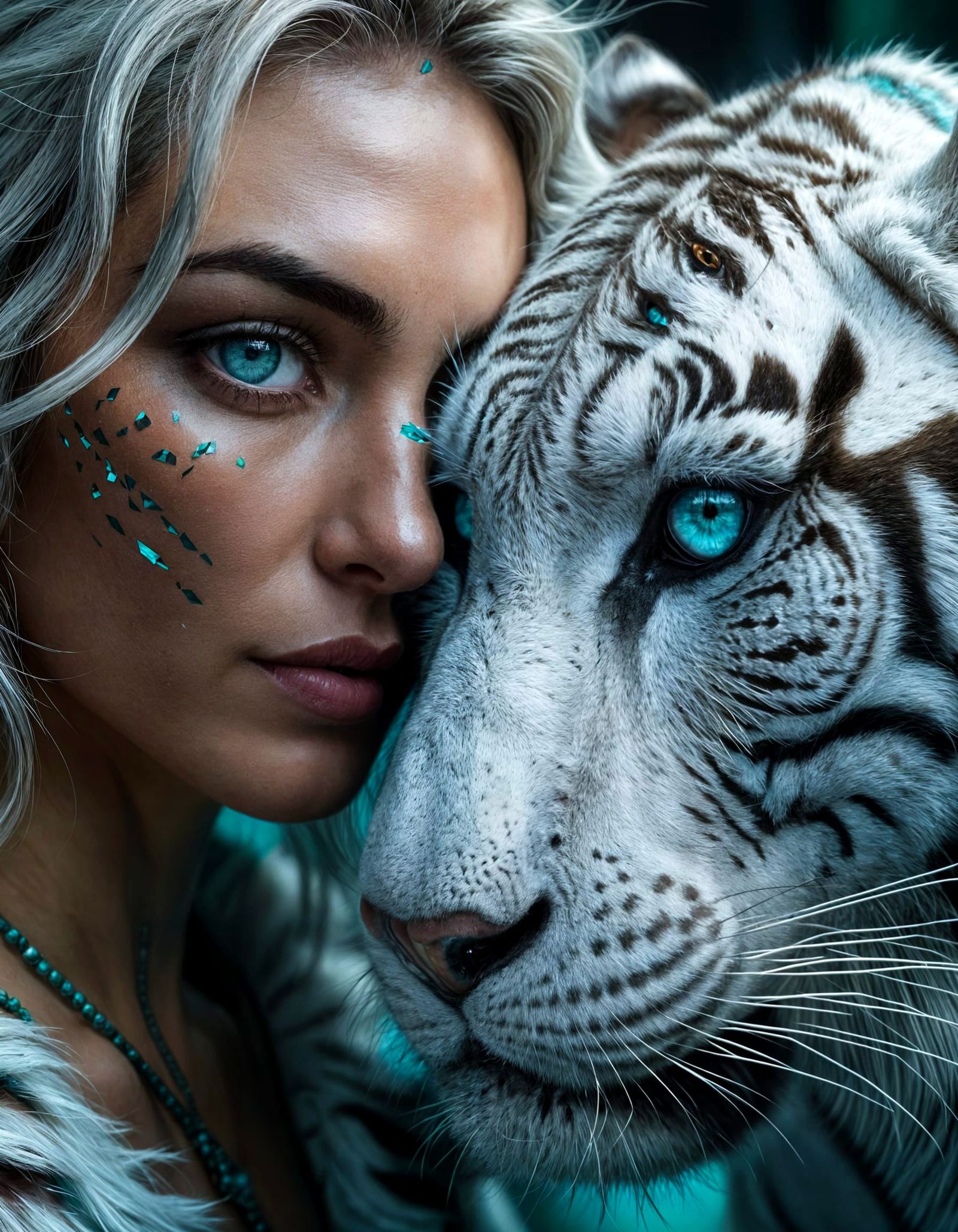 Mesmerizing Turquoise Eyes: Woman and White Tiger