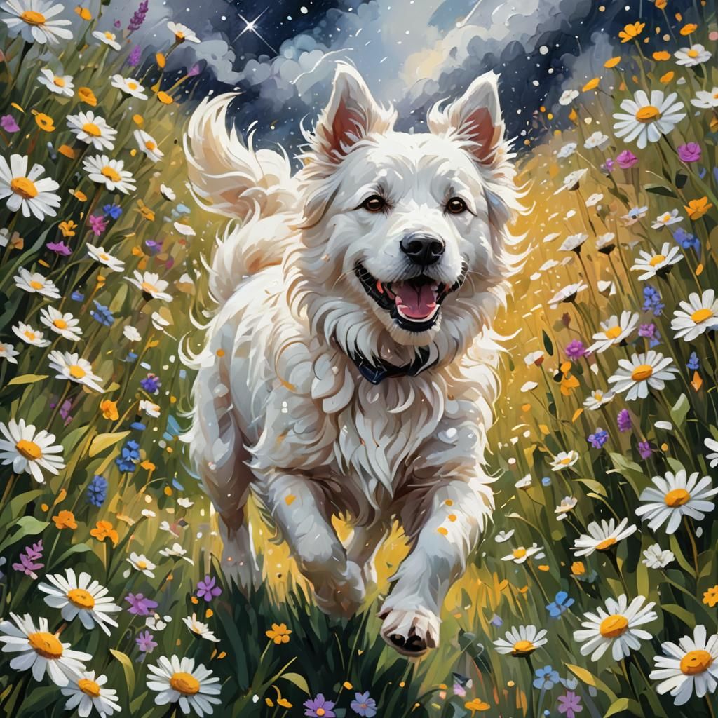Fluffy Dog in Flower Field: Neo-Impressionistic Painting