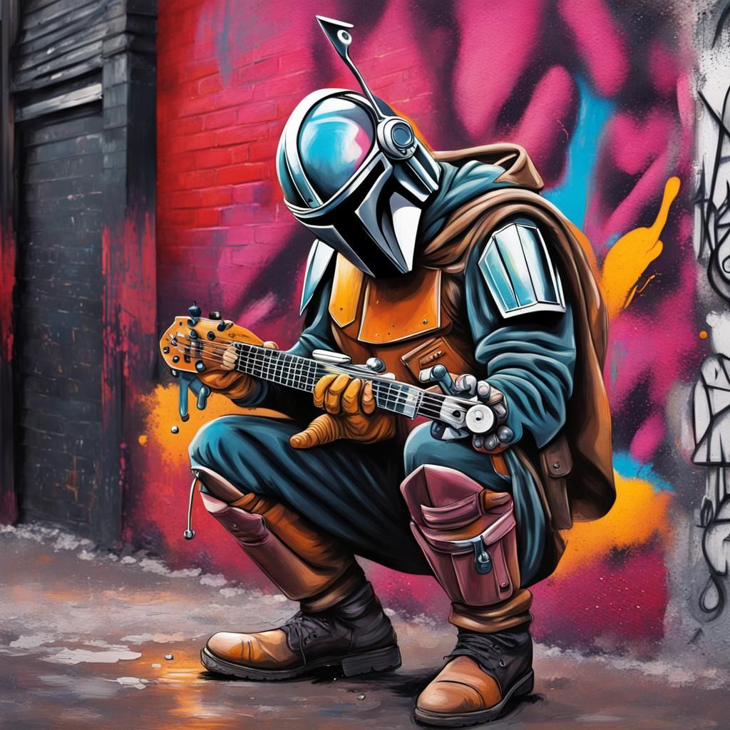Mandalorian in Hoodie as Colorful Graffiti Art