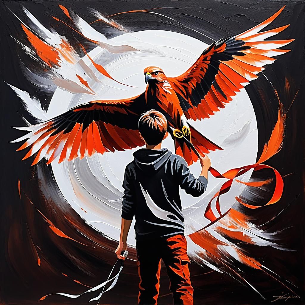 Boy with Kite Painting in Dynamic Style