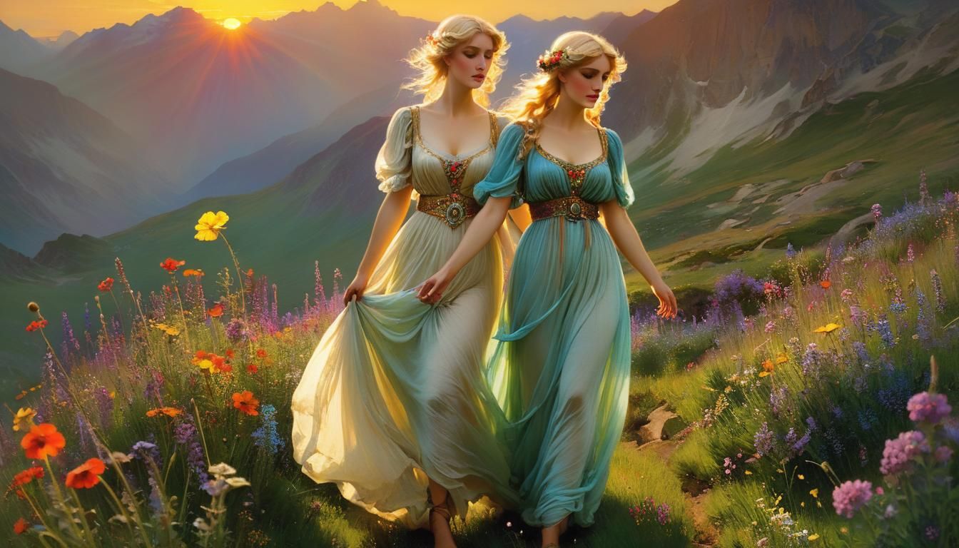 Alpine Meadow Sunset with Woman in Pre-Raphaelite Style