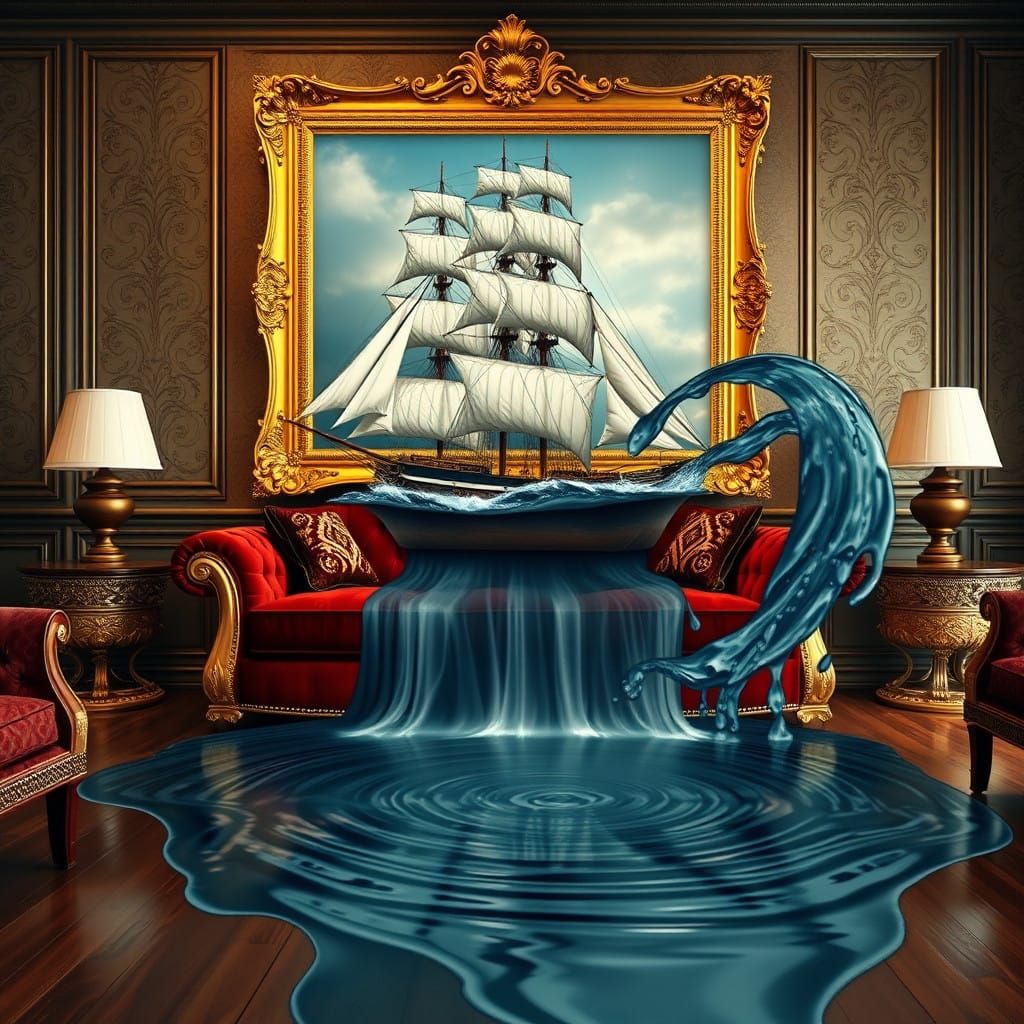 Surreal Living Room With Ship Emerging From Art