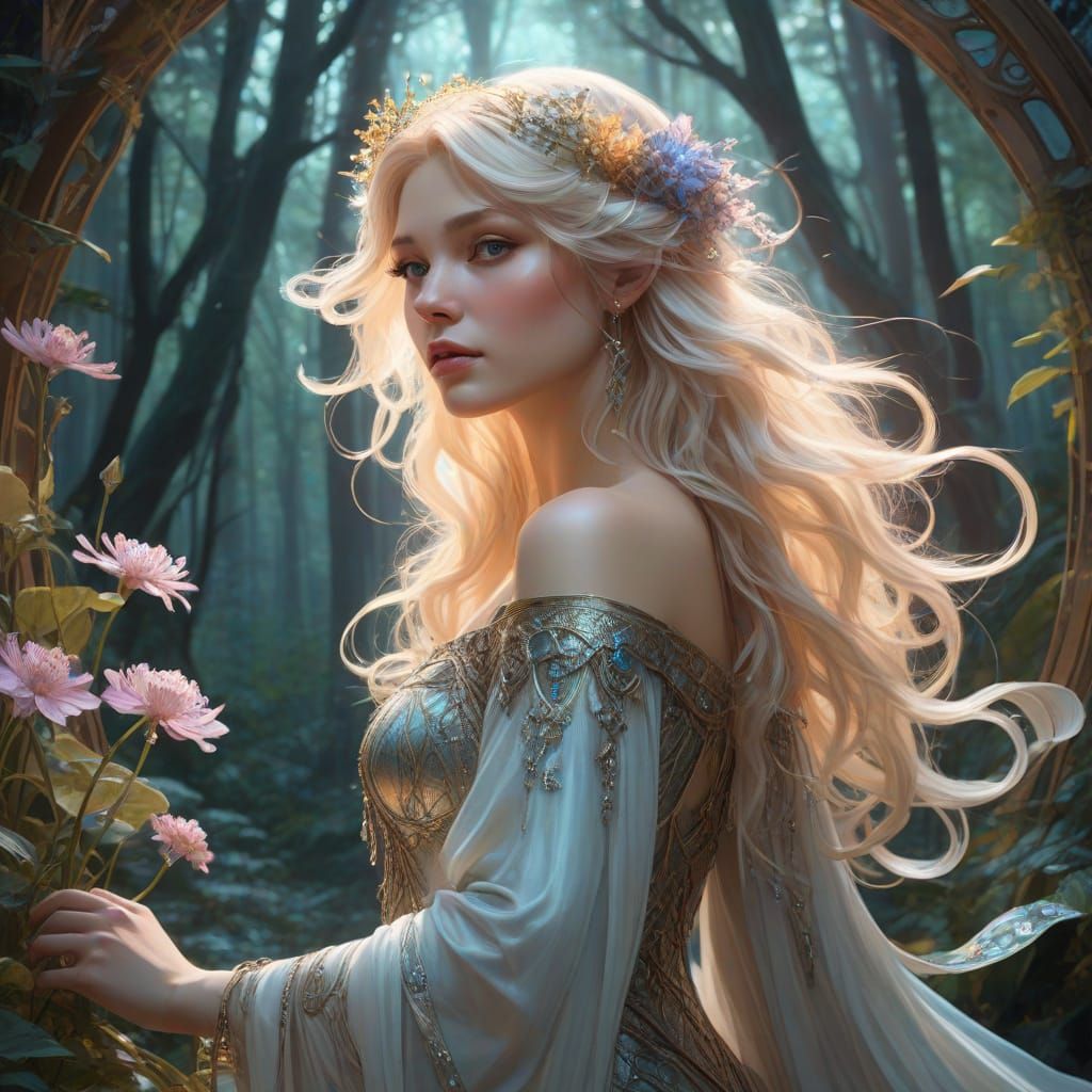Ethereal Woman in Bioluminescent Forest, Fantasy Art Style