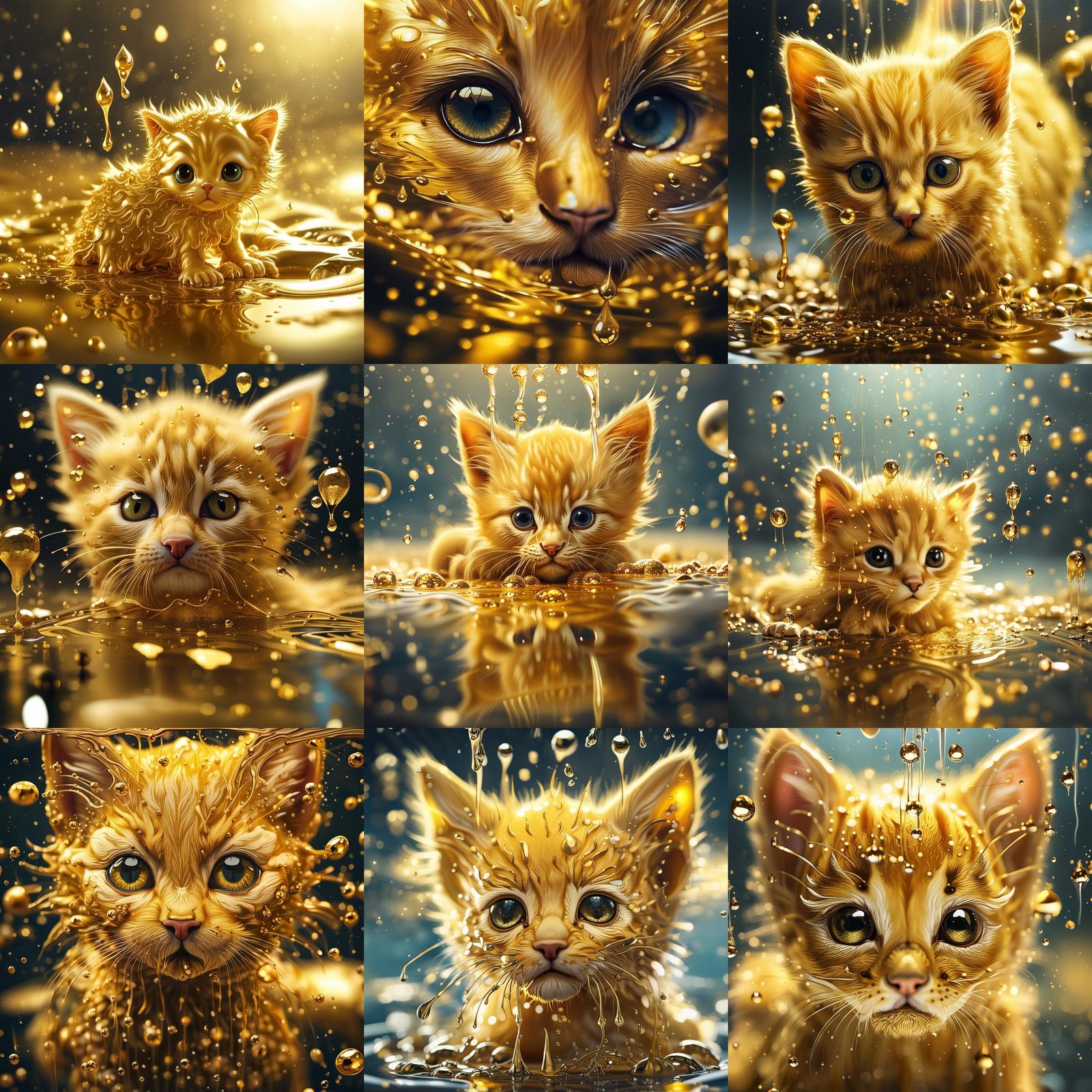 Golden Kitten Dripping Liquid Gold: Hyperrealistic Digital A...
