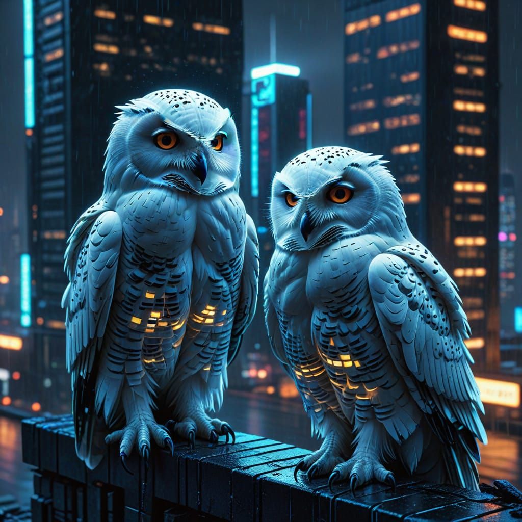 Cyberpunk Snowy Owls on Neon Skyscrapers in Pixel Art