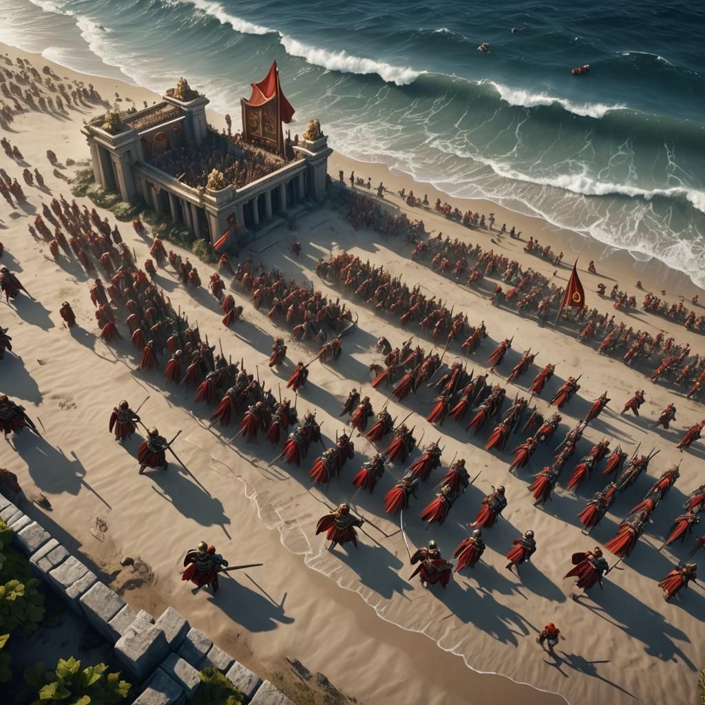 roman legion on the beach attacking the ocean