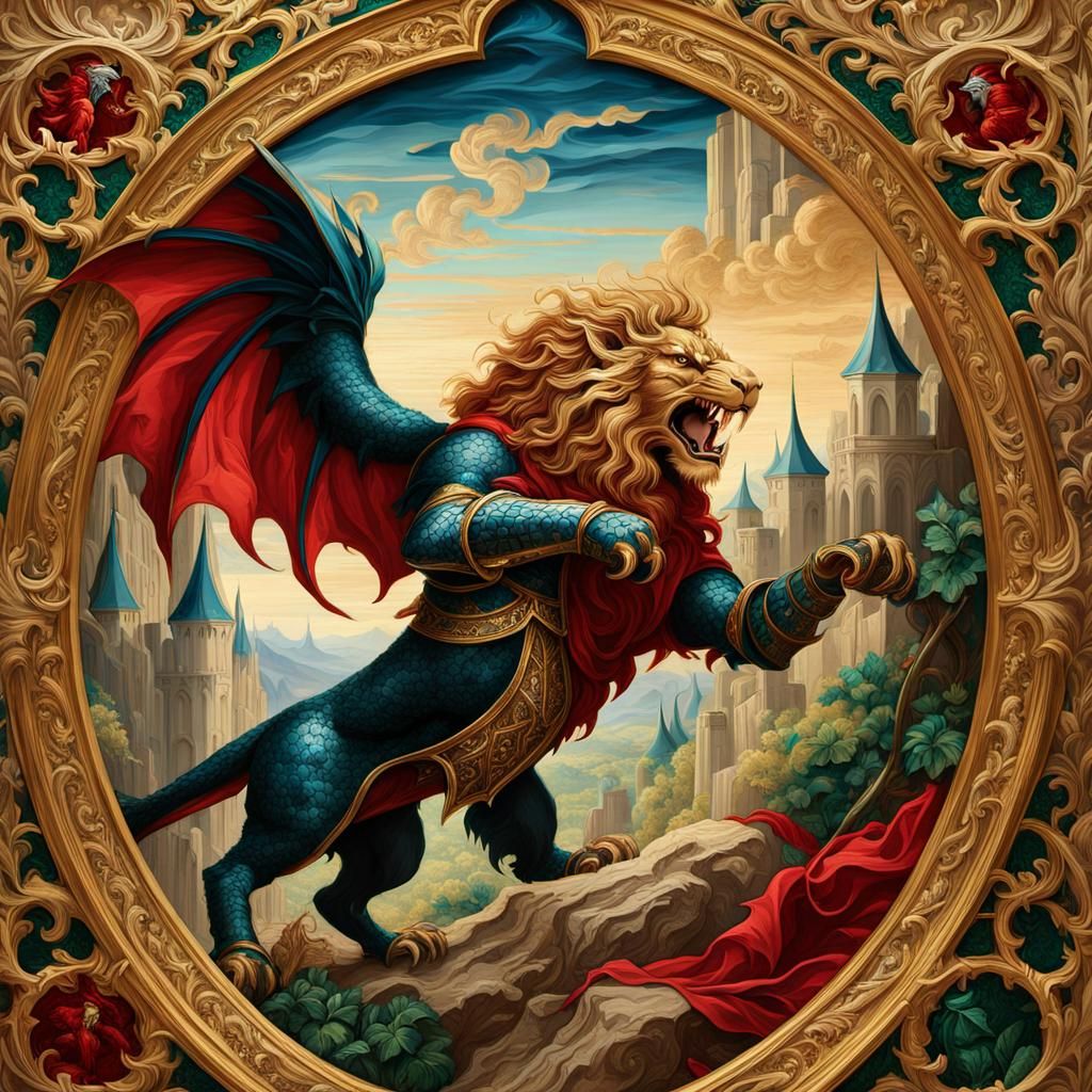 Knight Battles Manticore in Medieval Tapestry Art