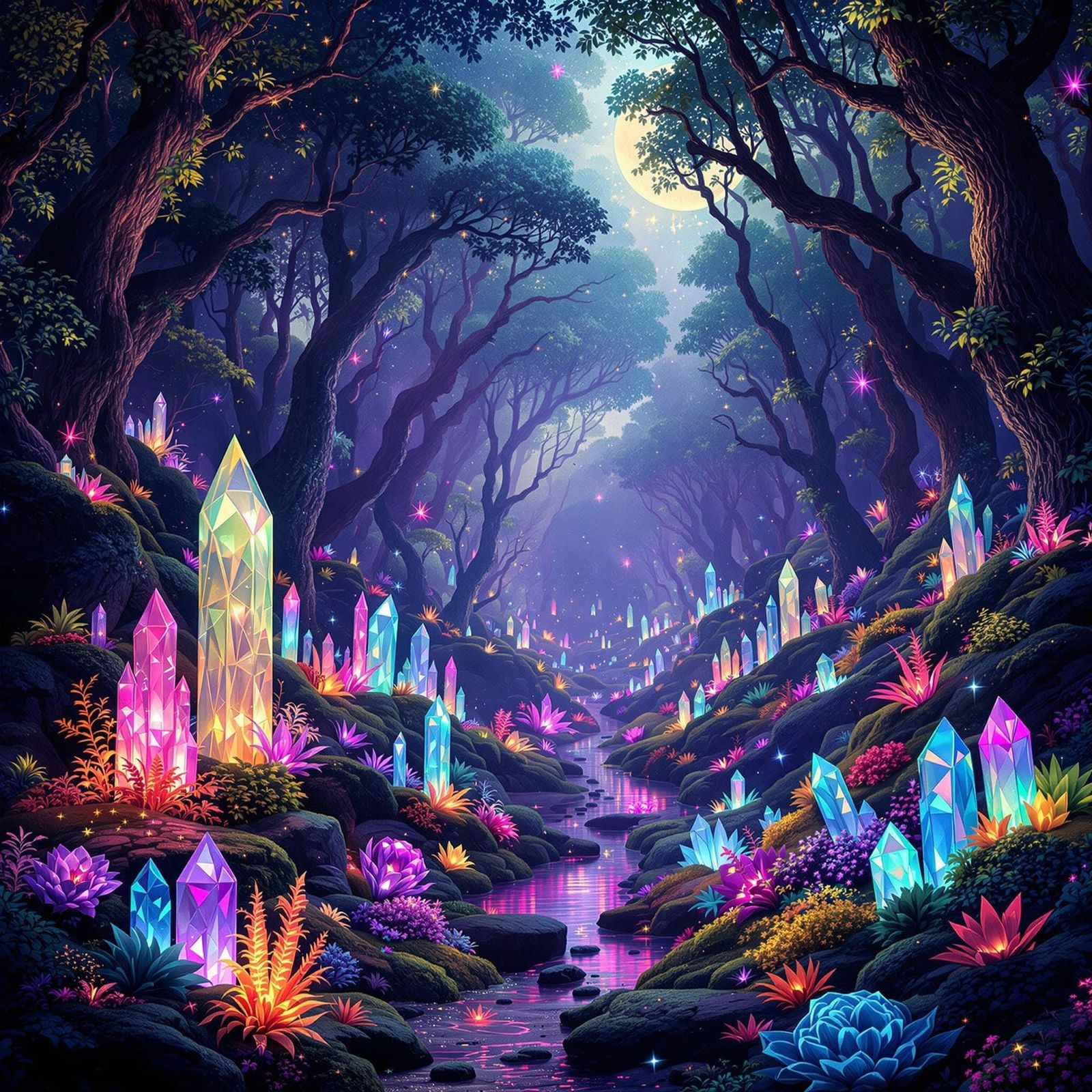 Psychedelic Bioluminescent Crystal Forest in Art Nouveau Sty...