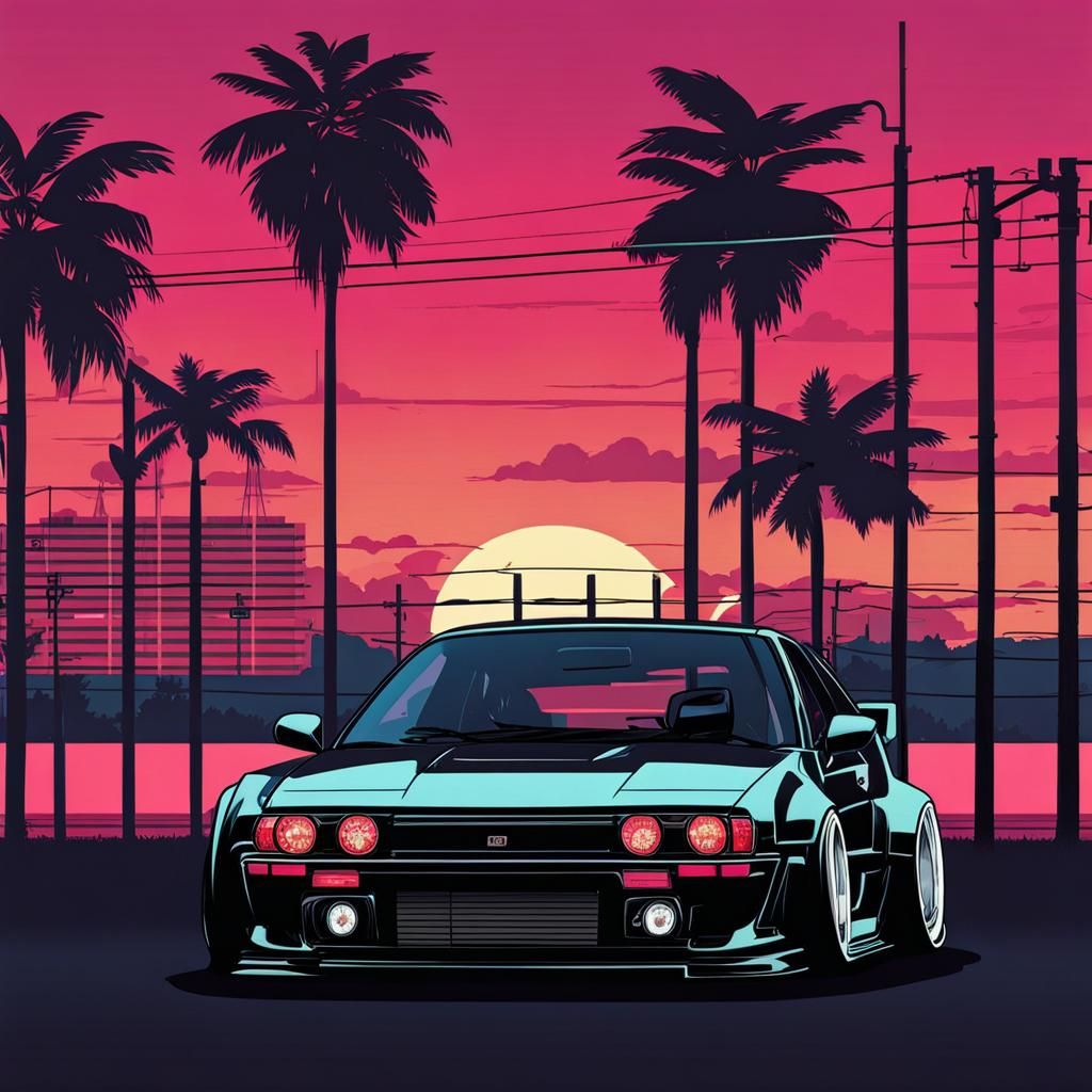 Lofi JDM Car PC Background in Vaporwave Style