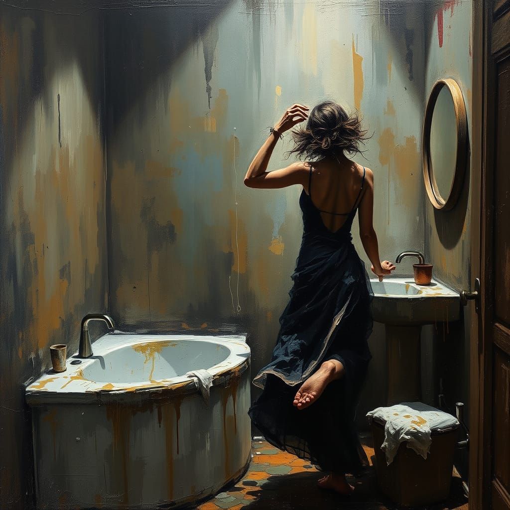 Sorrowful Oil Painting of Introspective Bathroom Dance