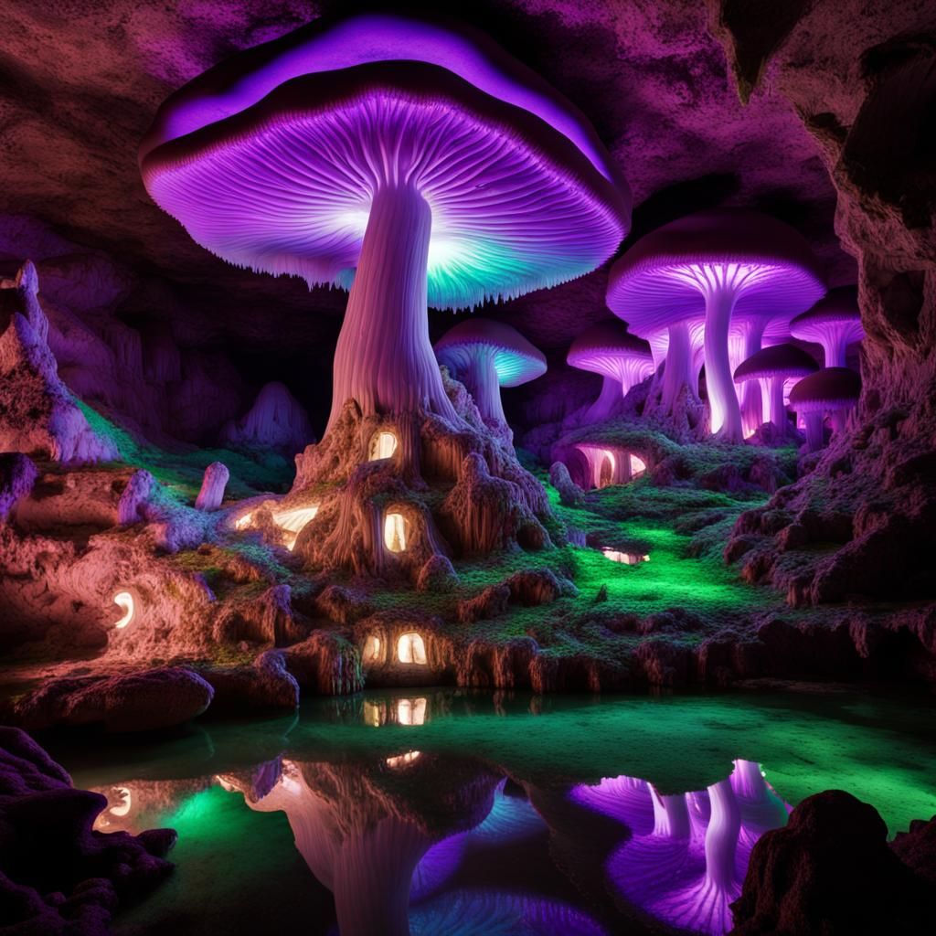 Bioluminescent Mushroom House in Crystalline Cavern