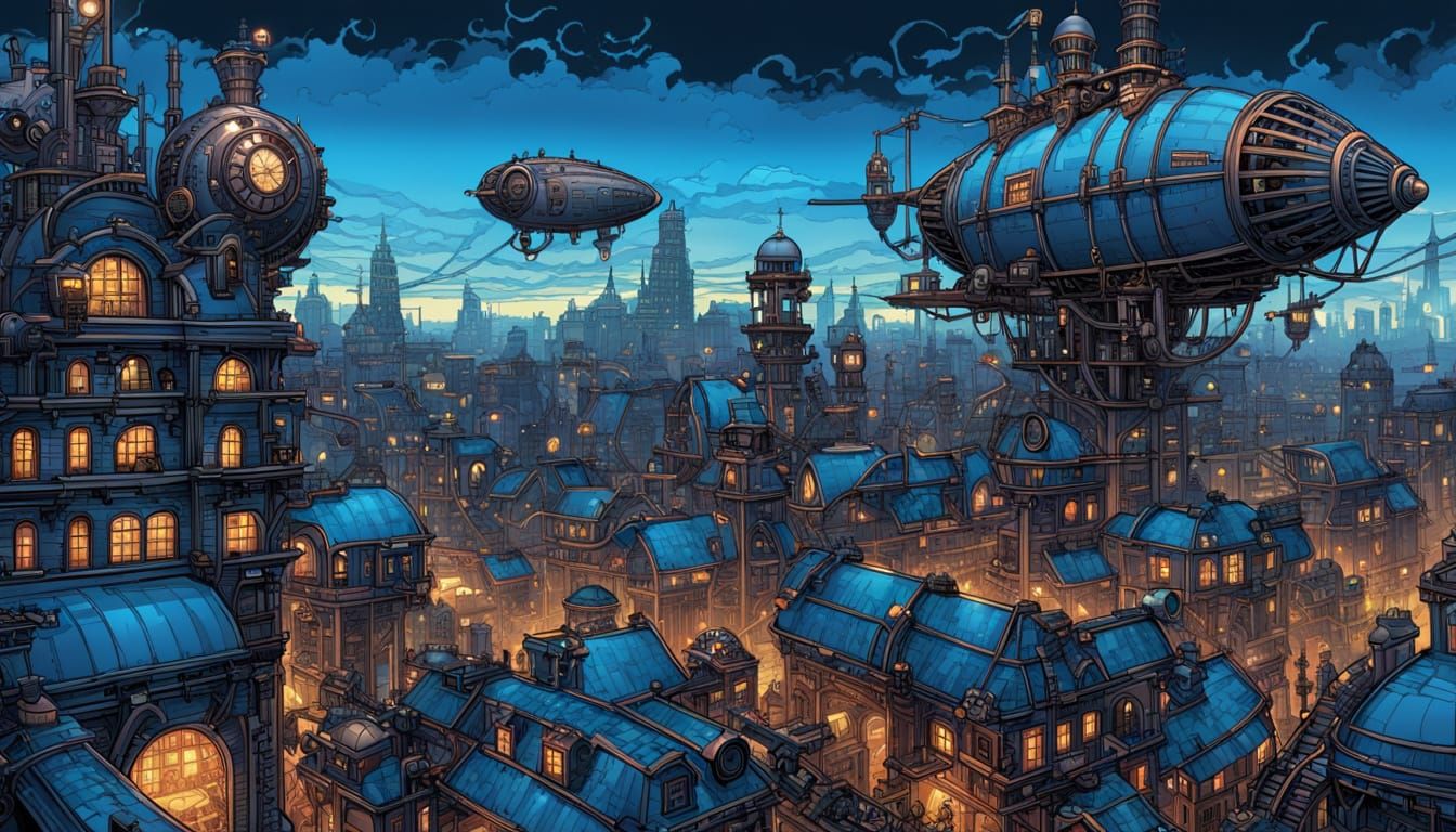 Steampunk Cityscape at Dusk in Comic Book Art