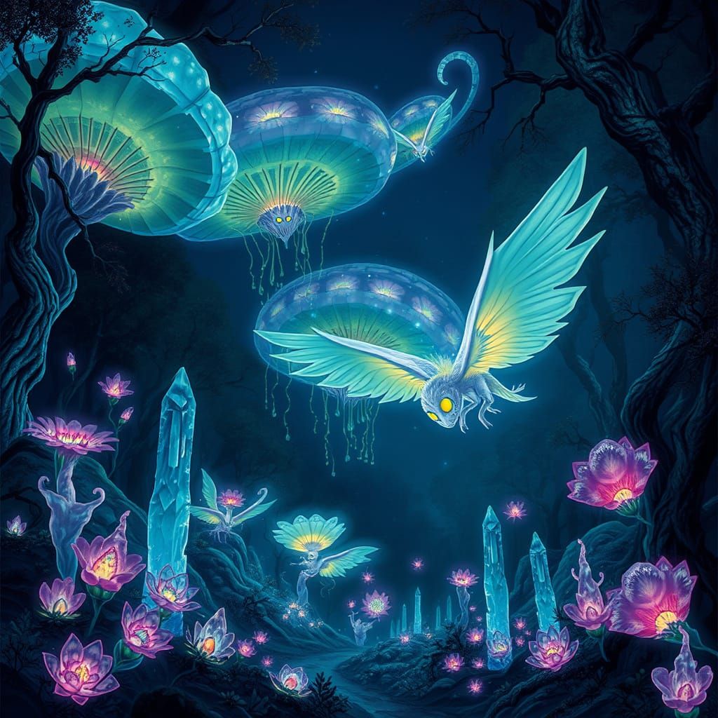 Bioluminescent Forest With Crystalline Flora and Ethereal Cr...