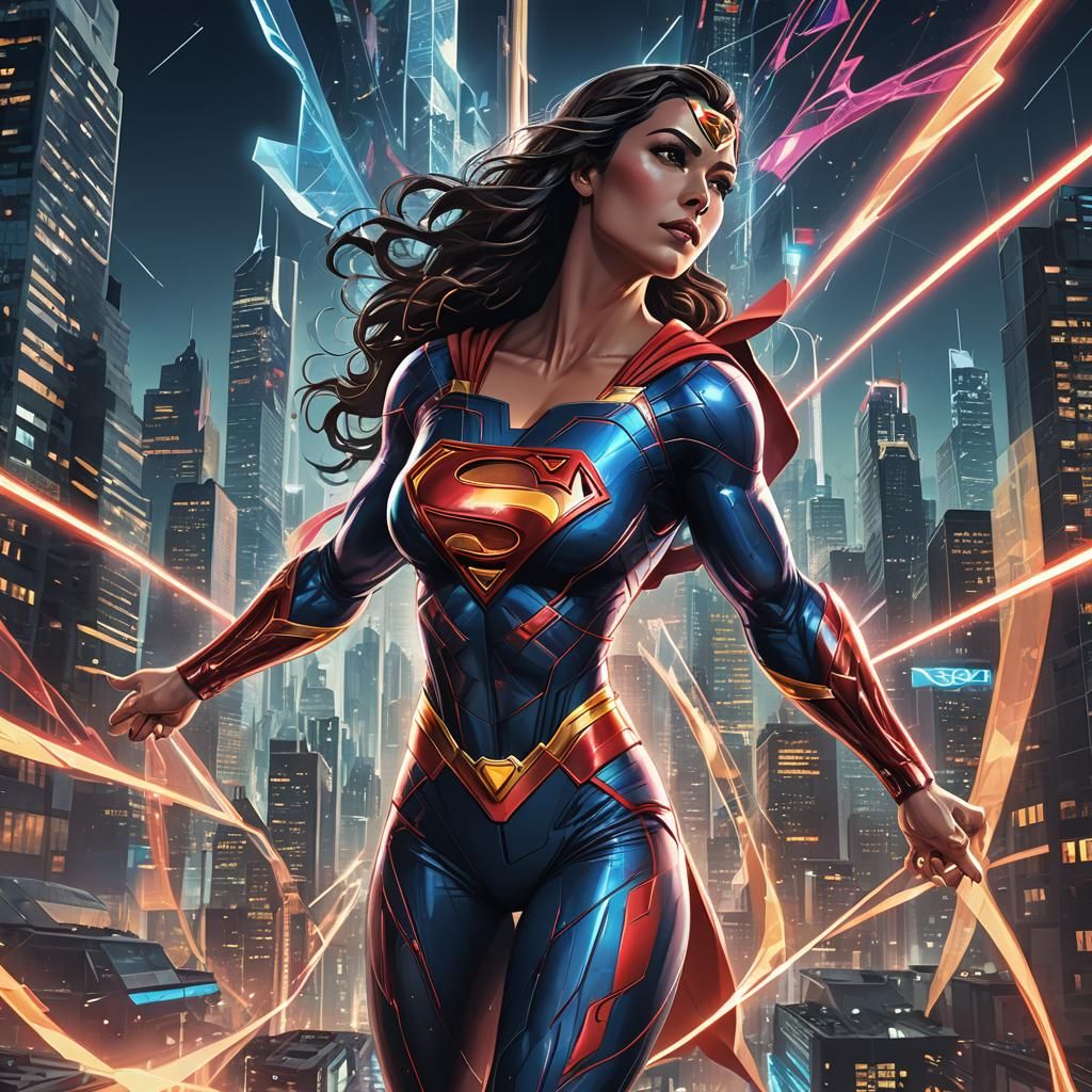 Superwoman in Futuristic City, Abstract Vector Fractal