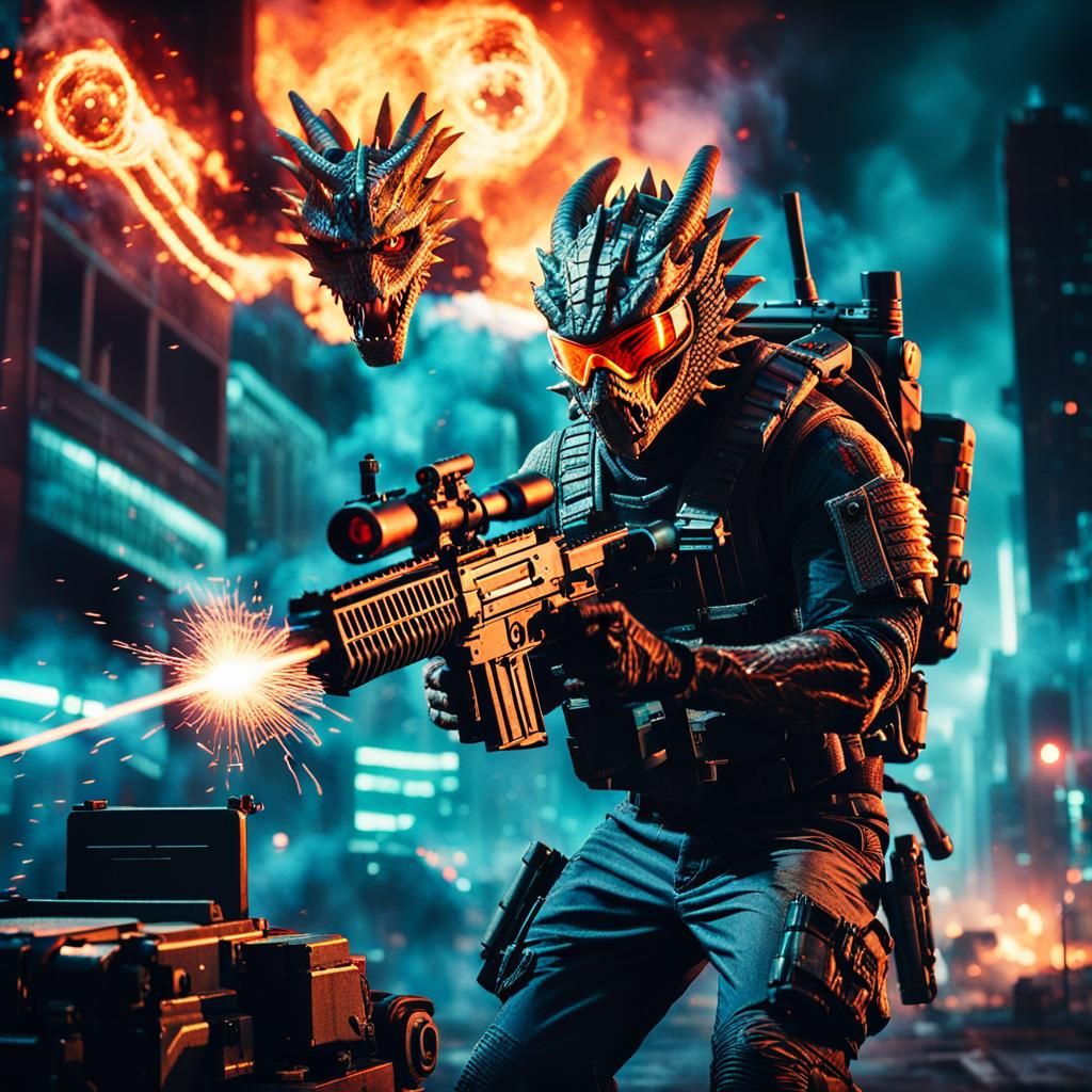 Modern Dragon Slayer in Laser-Lit Cityscape