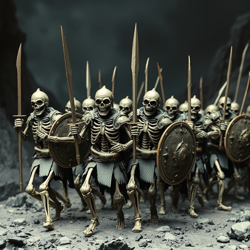 Skeleton Warriors March in Harryhausen-Style Fantasy Landsca...