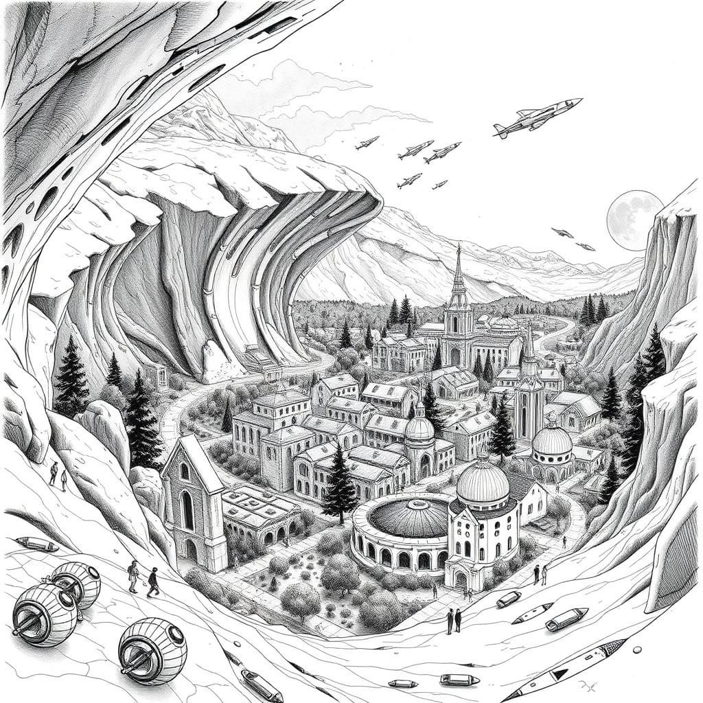 Intricate Lunar Village Drawing in High Contrast Black and W...