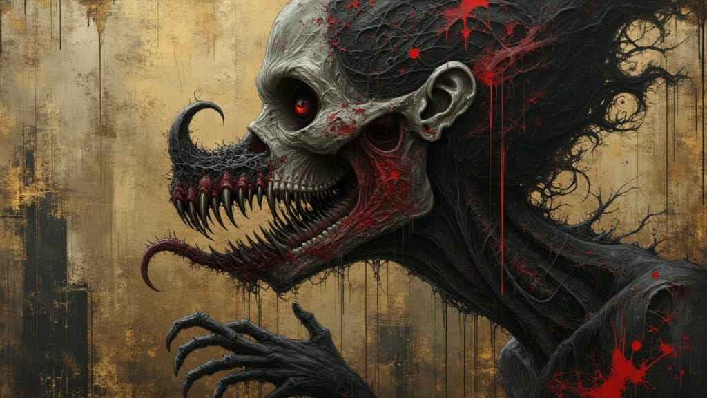 Grotesque Demon Oil Painting with Biomechanical Style