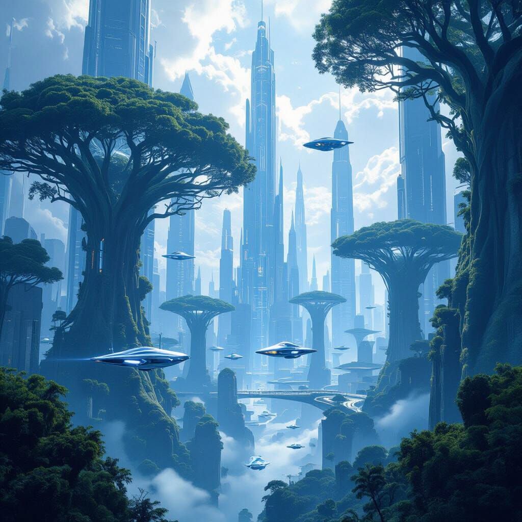 Futuristic Blue & White Cityscape with Giant Trees and Flyin...
