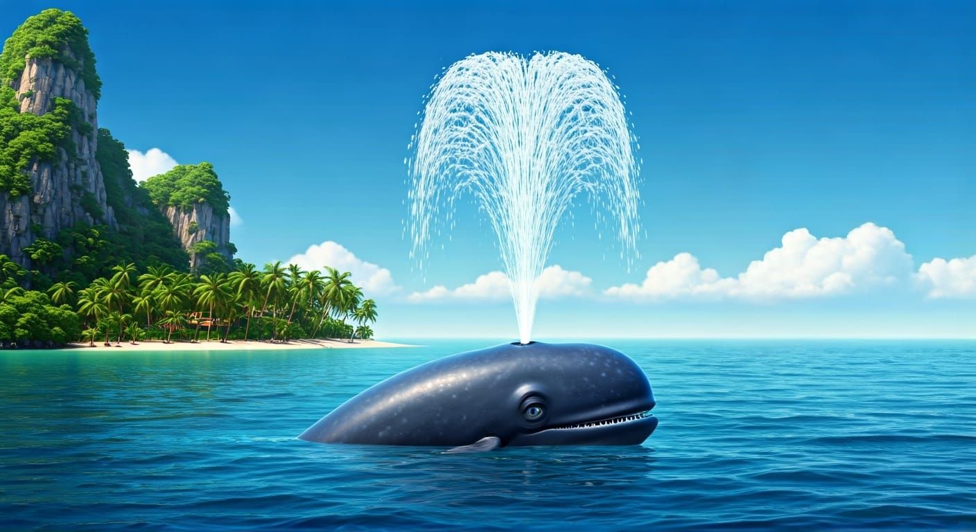 Whale Creates Water Fountain Near Tropical Island