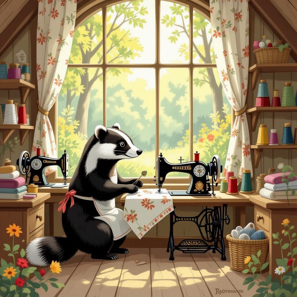 Badger Tailor Shop in Sun-Dappled Woodland Clearing