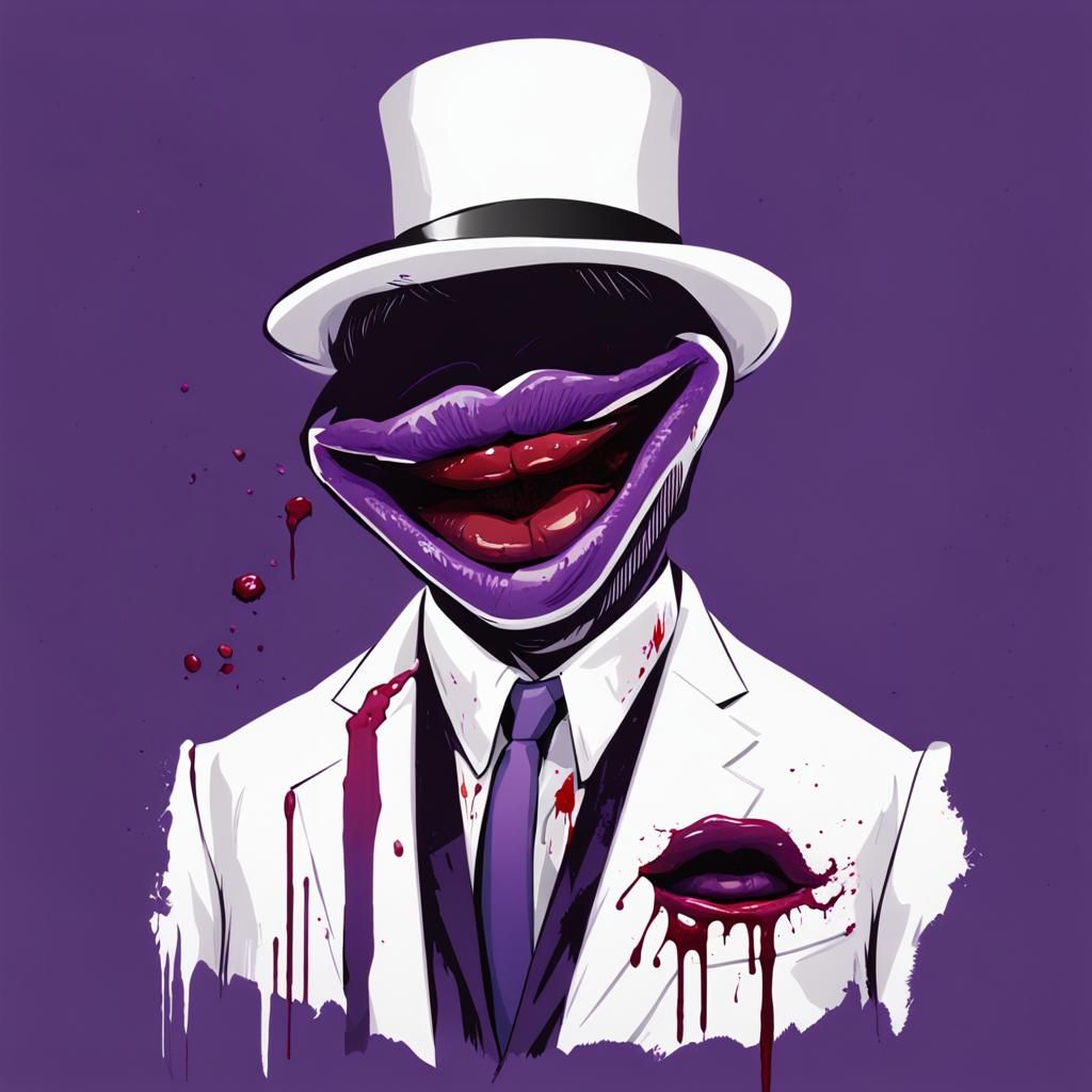 Giant Purple Lips Man in White Suit with Bloody Knife