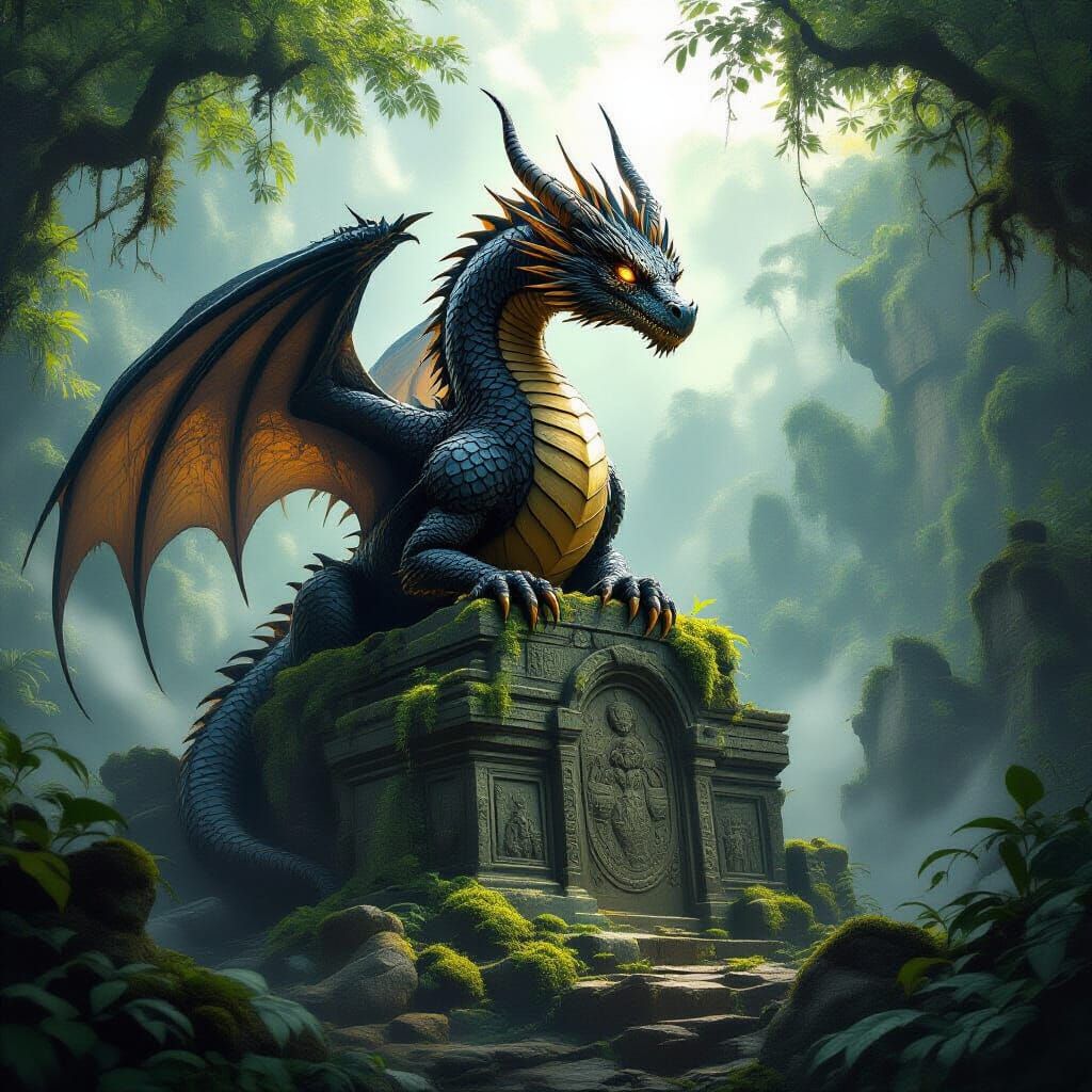 Ancient Dragon on Ruin in Misty Jungle