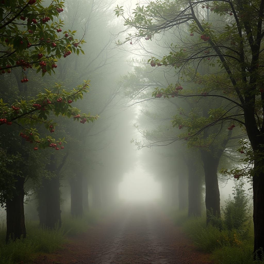 Misty Rowan Tree Alley in Morning Light