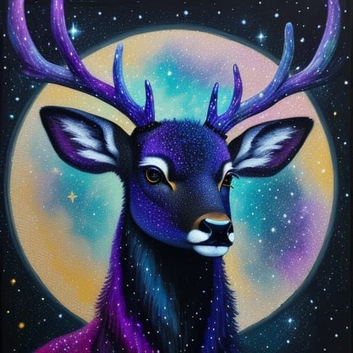 Stardust Deer in Dreamlike World as Impasto Painting