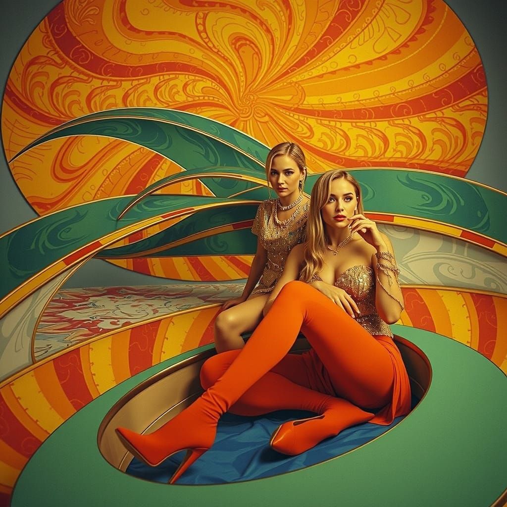 Glamorous Women in Surreal Maximalist World