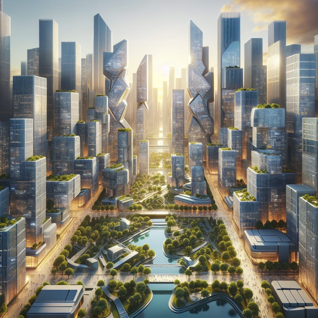 Futuristic Cityscape with Reflective Skyscrapers at Sunset