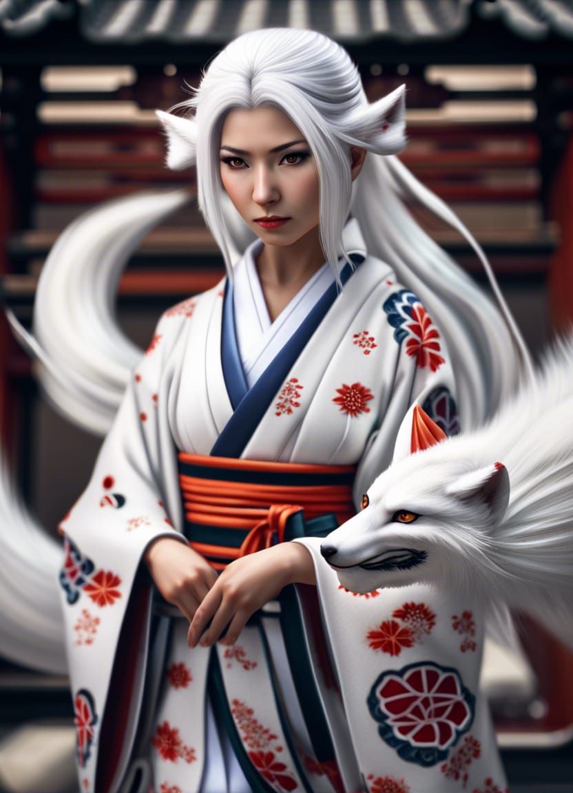 White-Haired Kitsune in Traditional Kimono, Hyperrealistic