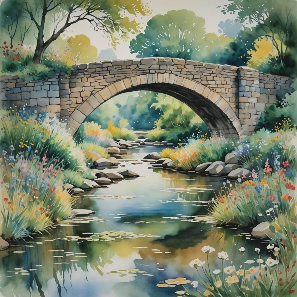 Ancient Stone Bridge in Dreamy Impressionist Watercolour