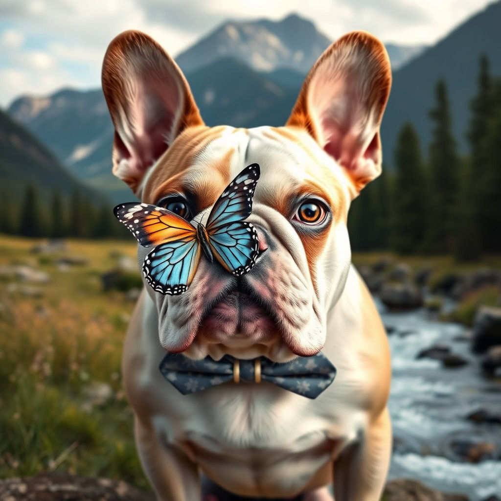 French Bulldog with Butterfly in Mountain Scene