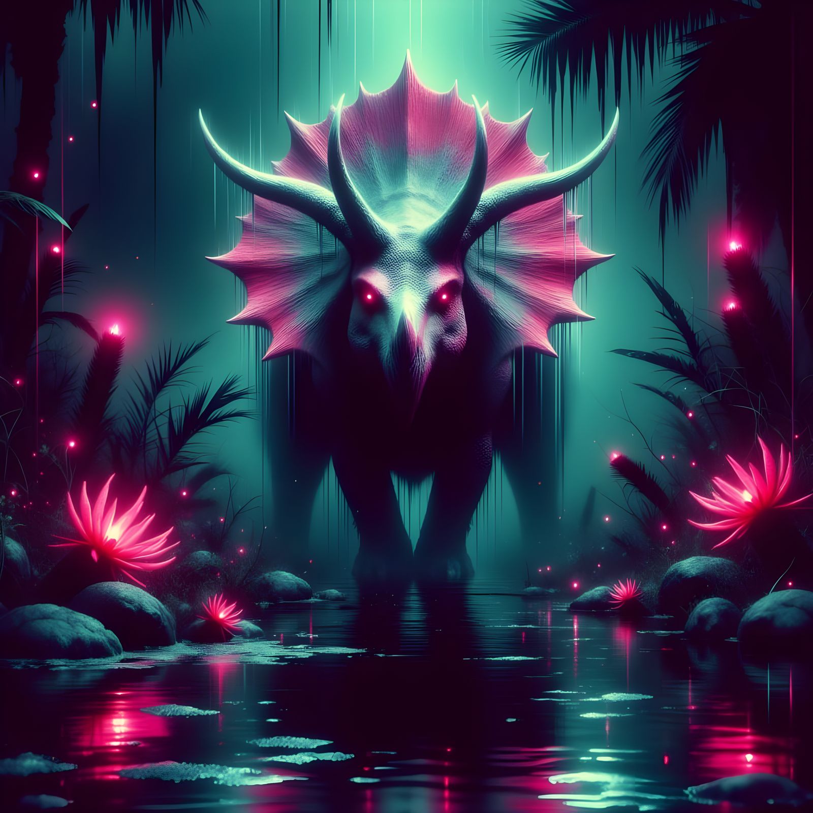 Angry Triceratops in Neon Swamp at Dusk