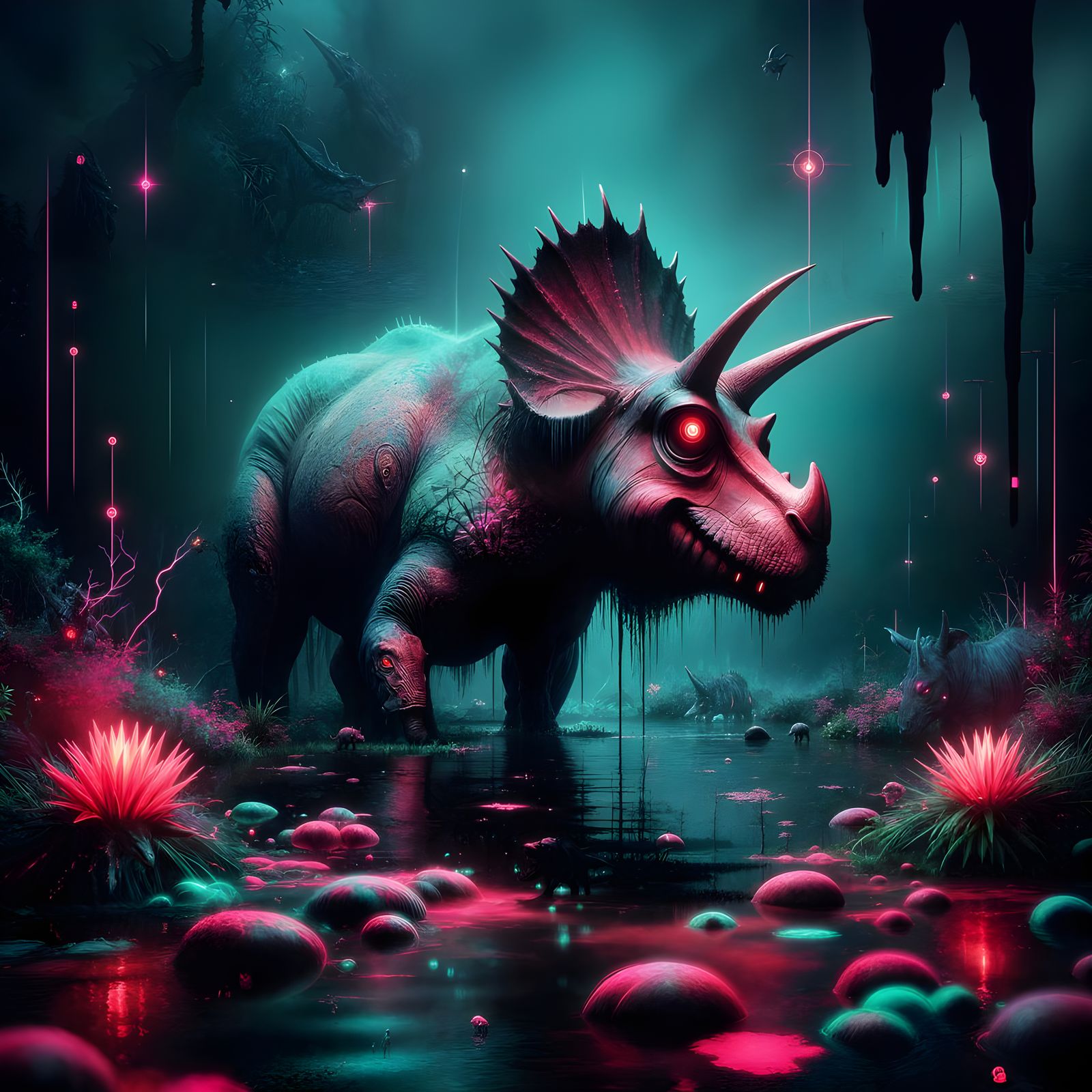 Surreal Triceratops in Neon Swamp at Dusk