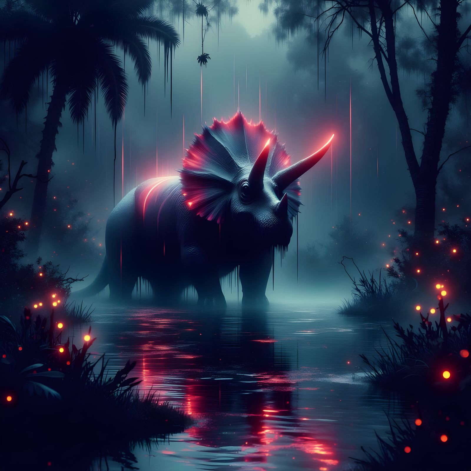 Surreal Triceratops in Neon Swamp at Dusk