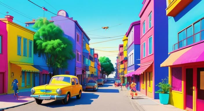 Vibrant Neighborhood Splash Art with Cheerful Children