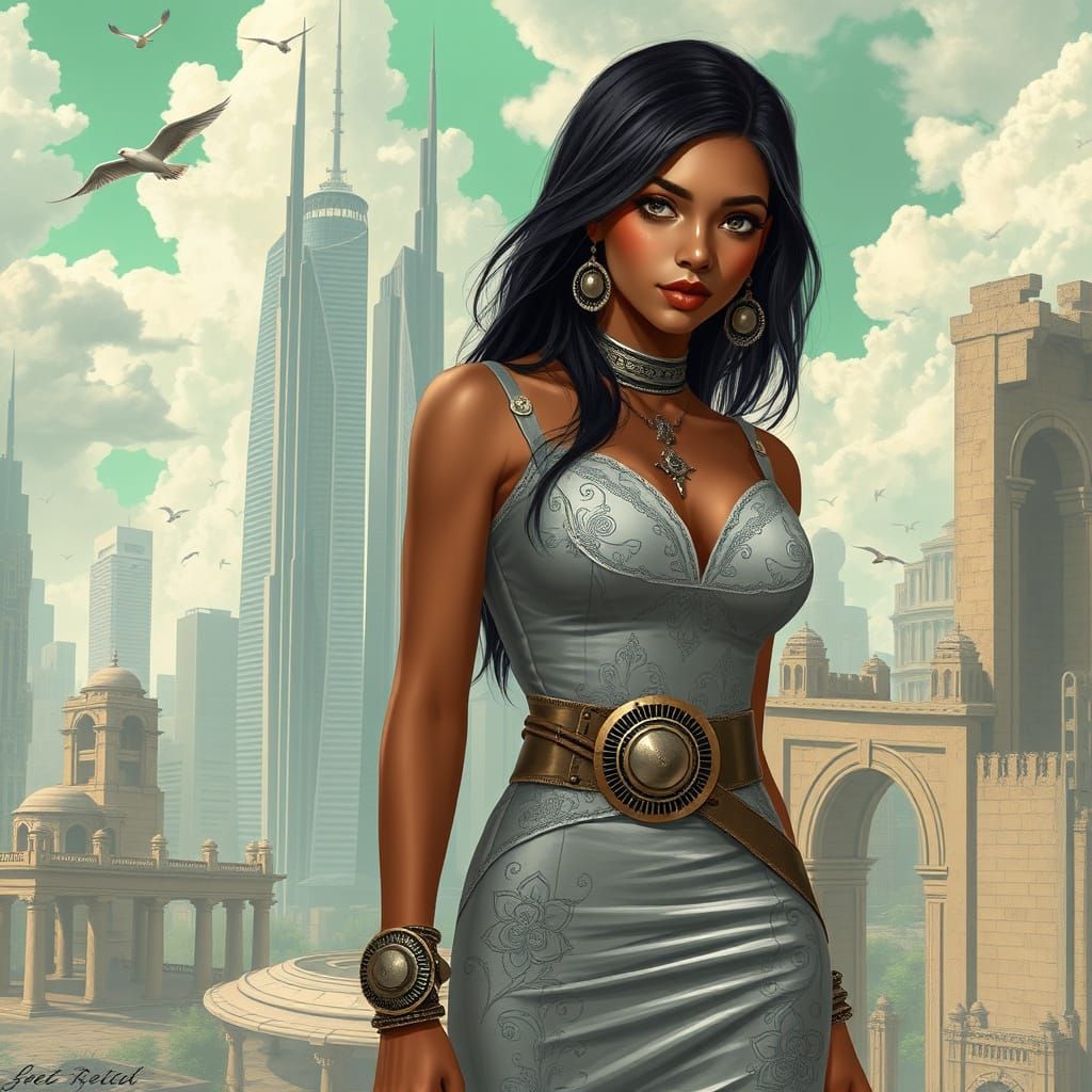 Karnataka Woman in Steampunk Cyberpunk Cityscape