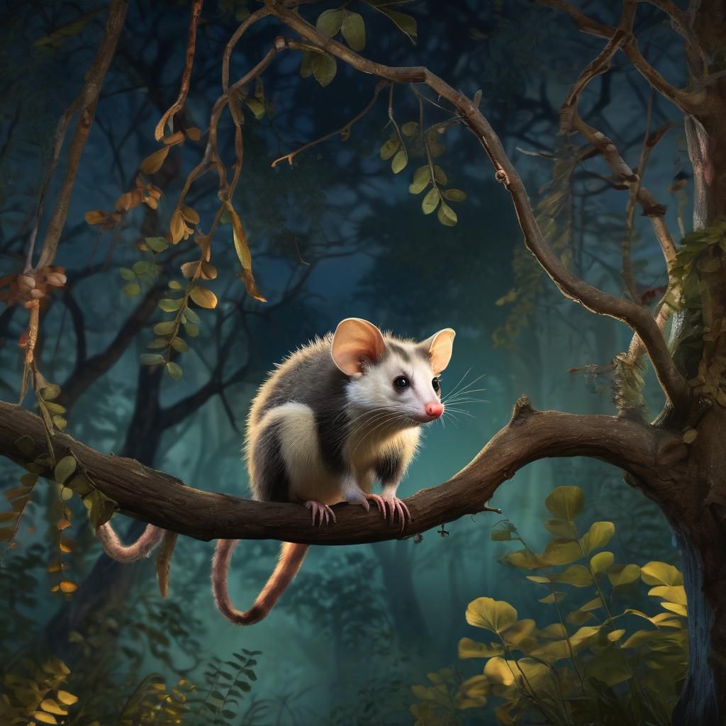 Opossum in Rousseau-Inspired Naive Art Style