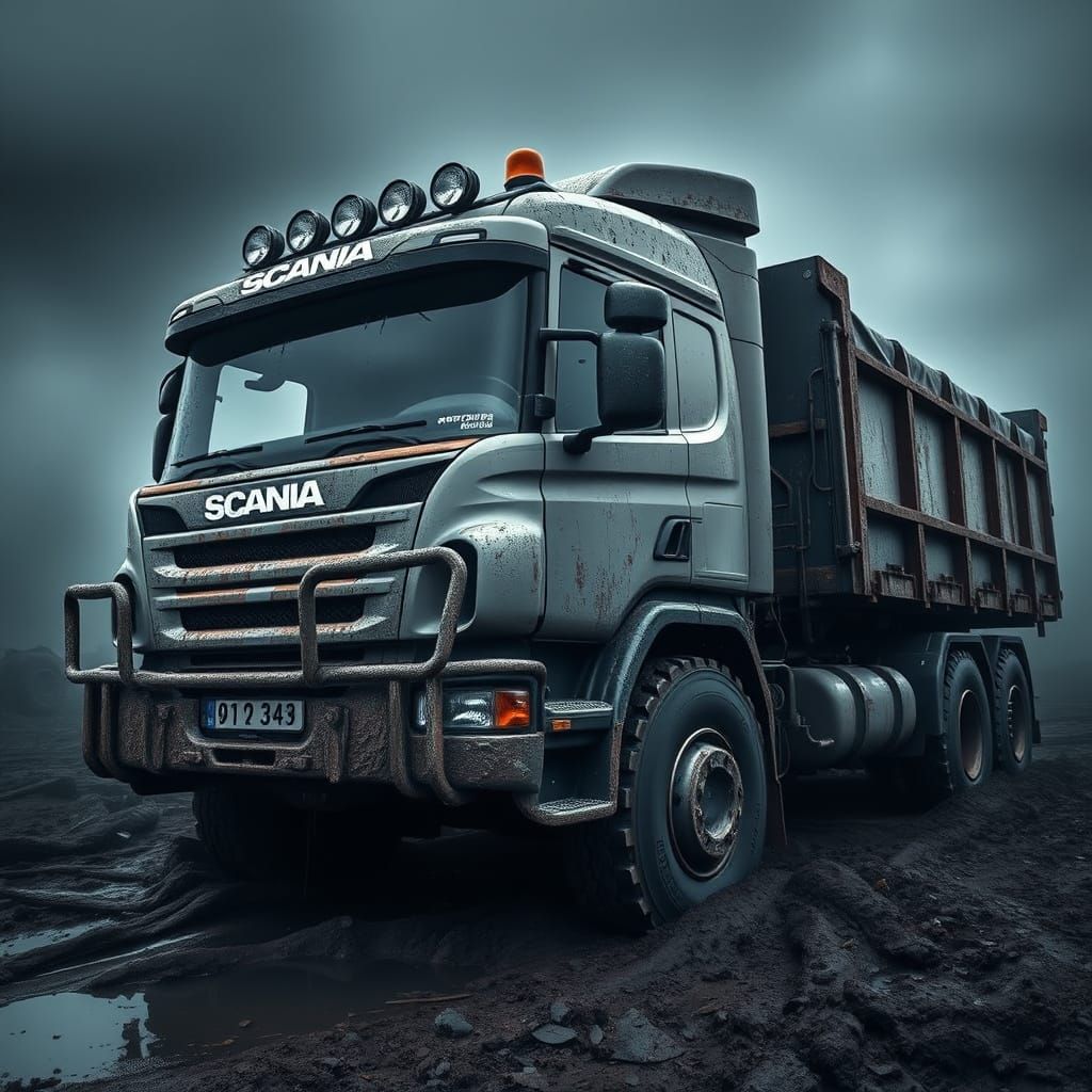 Rugged Scania Truck in a Gloomy, Muddy Landscape