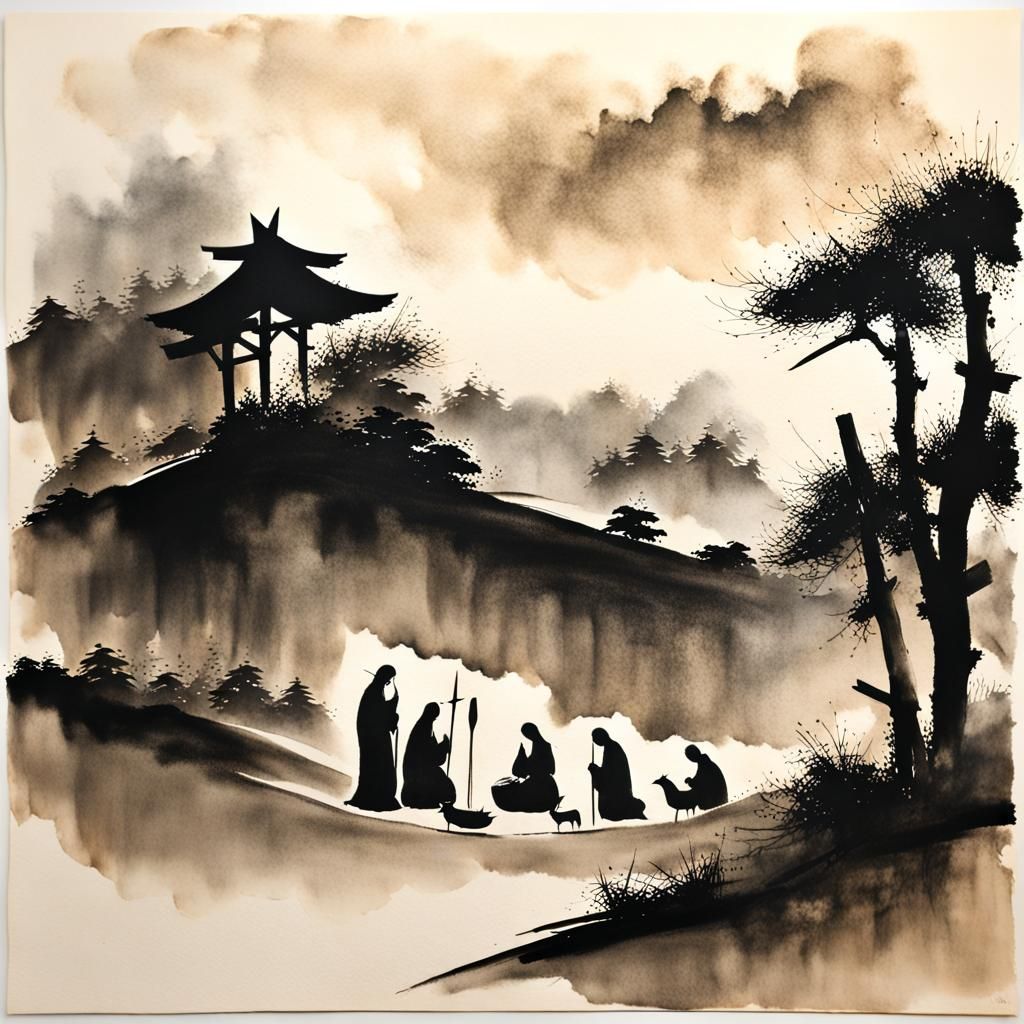Minimalist Nativity Scene in Sumi-e Style