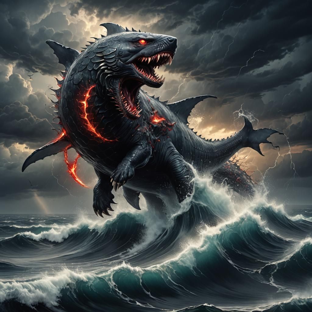 Menacing Whale-Dog Hybrid Emerges from Stormy Sea