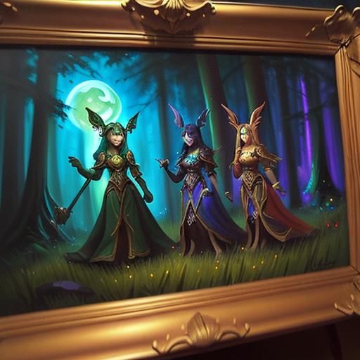 Framed impasto painting of World of Warcraft Night Elves, thick brush strokes