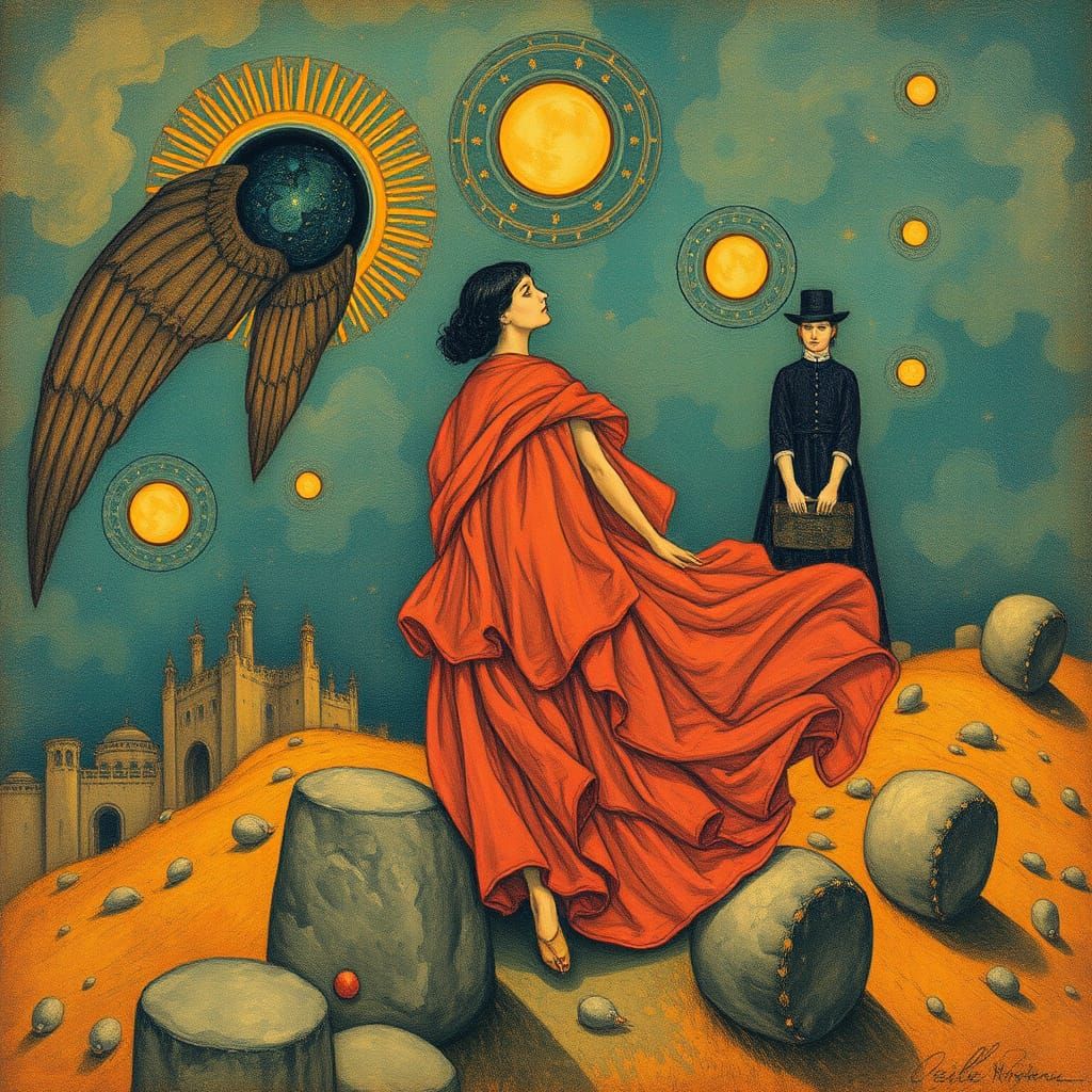 Futurist Allegory in Pointillist Oil Painting Style