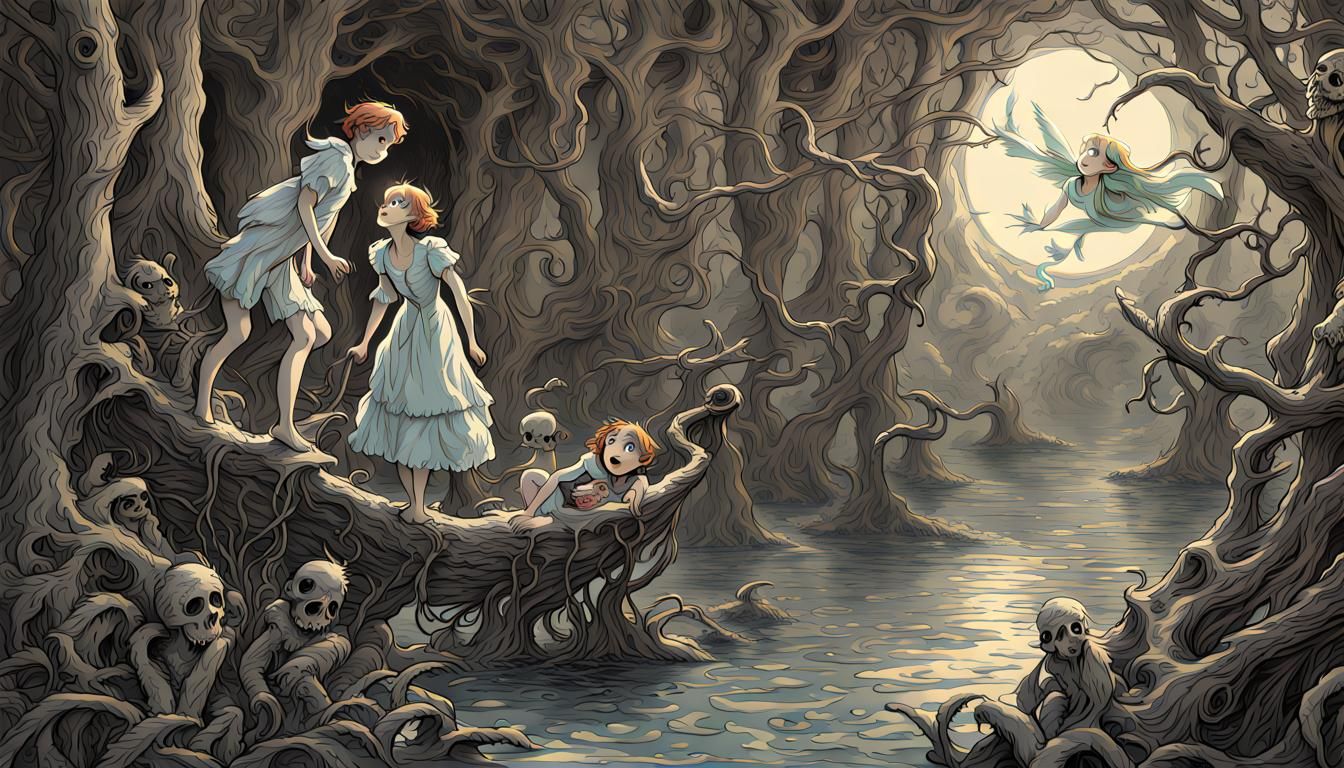 Peter Pan and Wendy in Horror Engraving Style