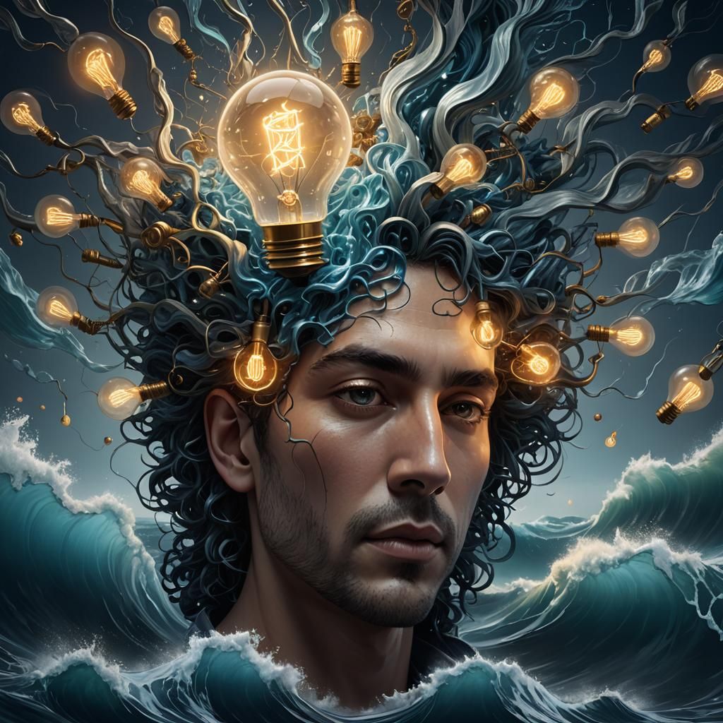 Lightbulb Head Washed by Blue Waves: Matte Painting