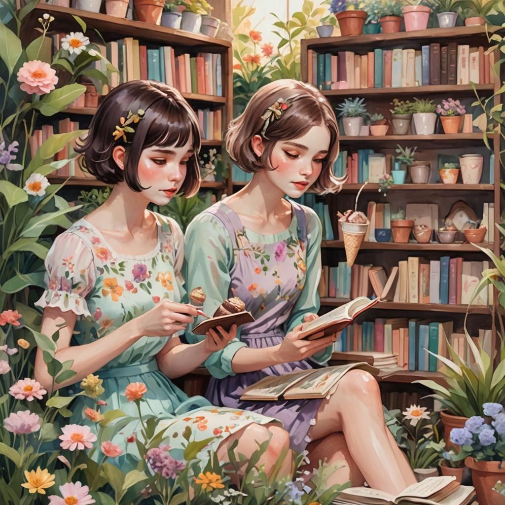 Girls Writing in Lush Garden in Kawaii Anime Style