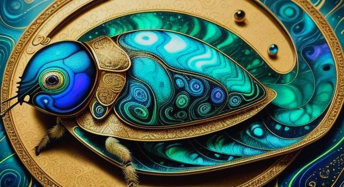 Cicada with Gold Filigree Wings, Ink Splatter Art