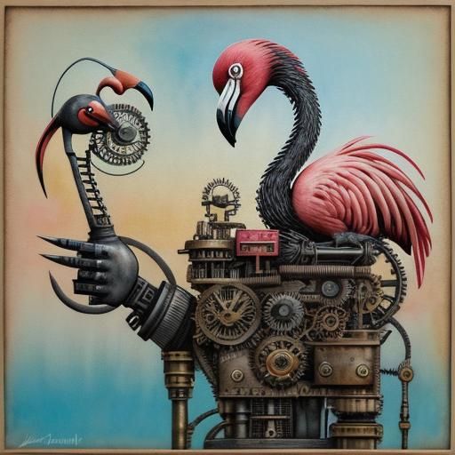 Steampunk Robot Flamingo in Alcohol Ink Style